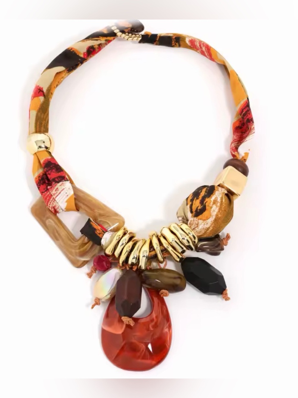 Statement Multicolor Resin & Fabric Pendant Necklace - Orange Accent - Picture 3 of 3
